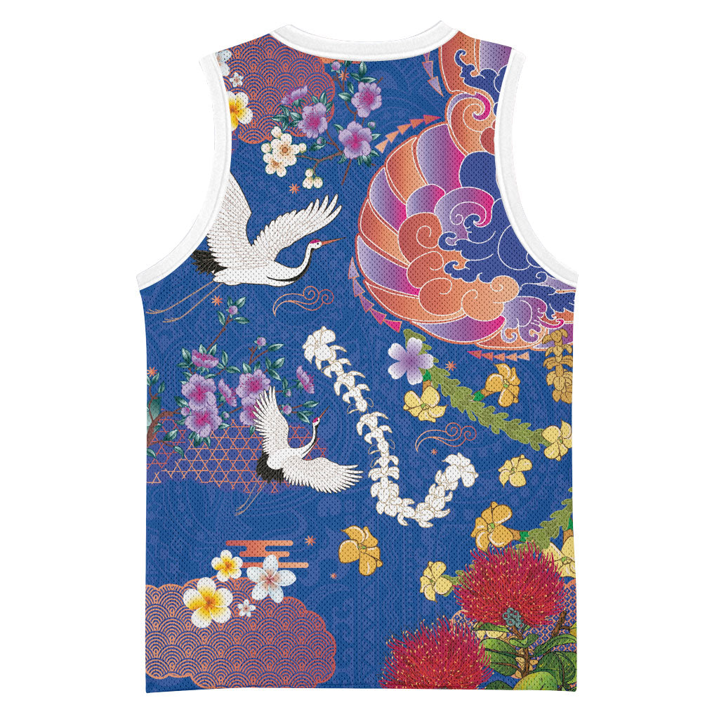 Hawaiian and Japanese Culture Together Basketball Jersey Kakau Tribal Pattern and Irezumi Art Blue Color