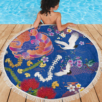 Hawaiian and Japanese Culture Together Beach Blanket Kakau Tribal Pattern and Irezumi Art Blue Color