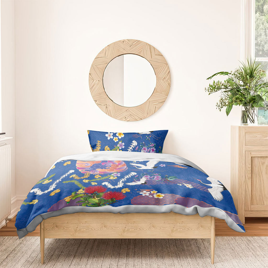 Hawaiian and Japanese Culture Together Bedding Set Kakau Tribal Pattern and Irezumi Art Blue Color