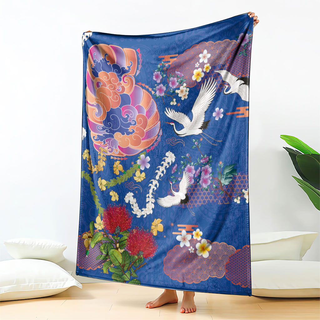Hawaiian and Japanese Culture Together Blanket Kakau Tribal Pattern and Irezumi Art Blue Color