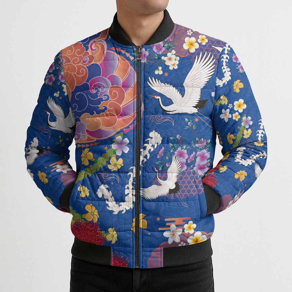 Hawaiian and Japanese Culture Together Bomber Puffer Jacket Kakau Tribal Pattern and Irezumi Art Blue Color