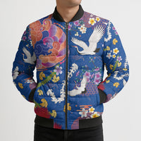Hawaiian and Japanese Culture Together Bomber Puffer Jacket Kakau Tribal Pattern and Irezumi Art Blue Color