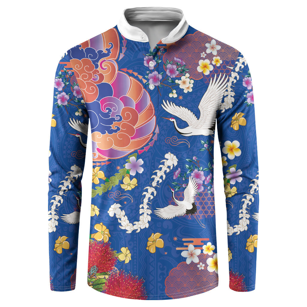 Hawaiian and Japanese Culture Together Button Sweatshirt Kakau Tribal Pattern and Irezumi Art Blue Color LT03 Blue - Polynesian Pride
