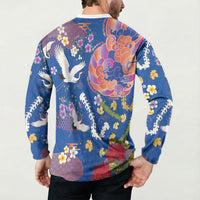 Hawaiian and Japanese Culture Together Button Sweatshirt Kakau Tribal Pattern and Irezumi Art Blue Color
