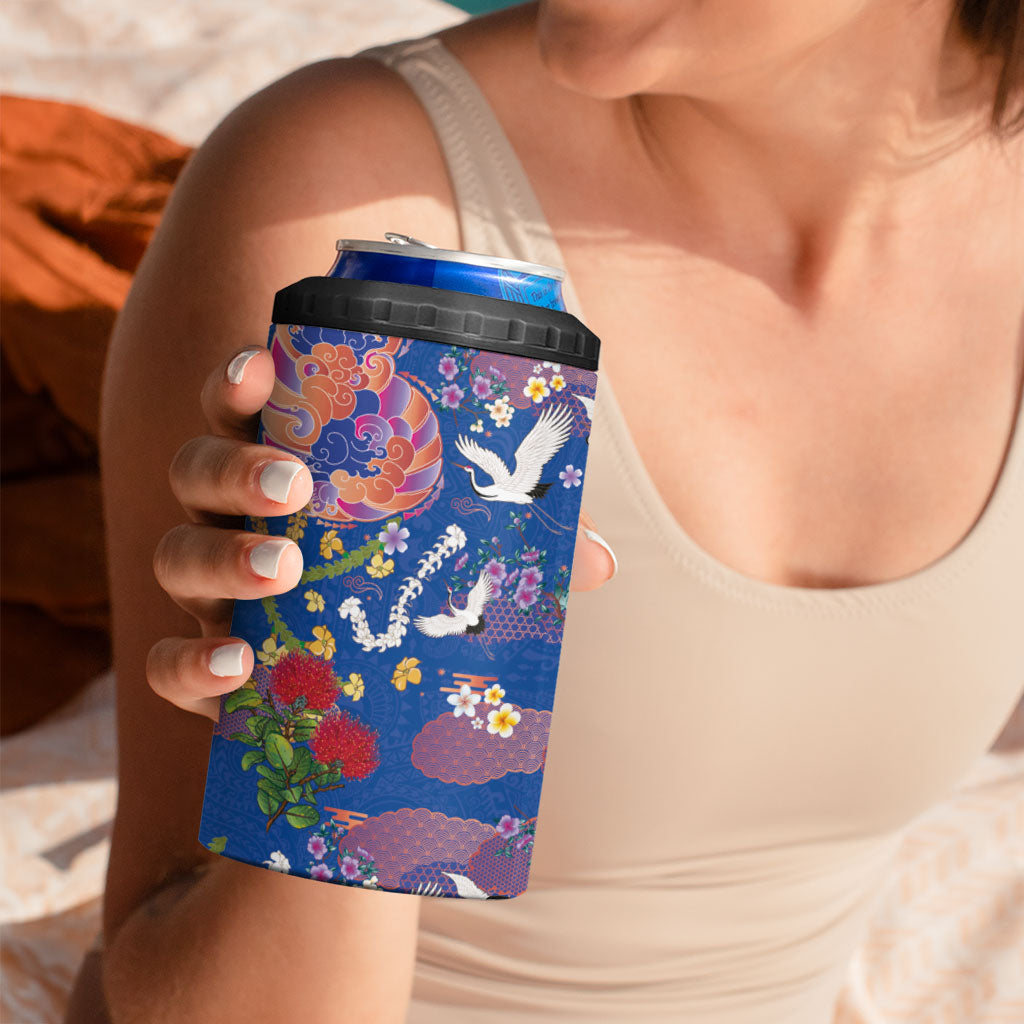Hawaiian and Japanese Culture Together 4 in 1 Can Cooler Tumbler Kakau Tribal Pattern and Irezumi Art Blue Color