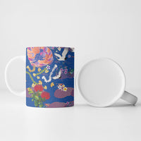 Hawaiian and Japanese Culture Together Ceramic Mug Kakau Tribal Pattern and Irezumi Art Blue Color