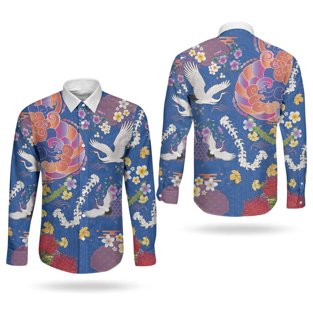 Hawaiian and Japanese Culture Together Couples Matching Off Shoulder Maxi Dress and Long Sleeve Button Shirt Kakau Tribal Pattern and Irezumi Art Blue Color