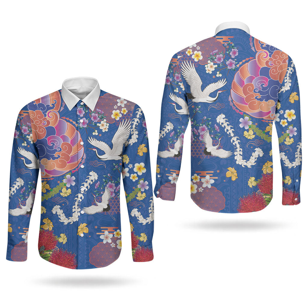 Hawaiian and Japanese Culture Together Couples Matching Off Shoulder Short Dress and Long Sleeve Button Shirt Kakau Tribal Pattern and Irezumi Art Blue Color