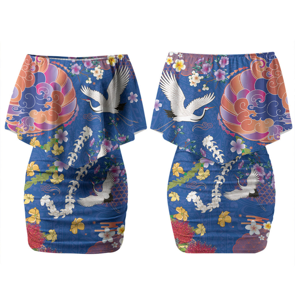 Hawaiian and Japanese Culture Together Couples Matching Off Shoulder Short Dress and Long Sleeve Button Shirt Kakau Tribal Pattern and Irezumi Art Blue Color