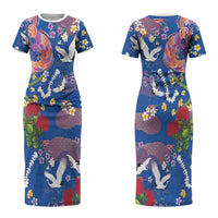 Hawaiian and Japanese Culture Together Couples Matching Short Sleeve Bodycon Dress and Hawaiian Shirt Kakau Tribal Pattern and Irezumi Art Blue Color