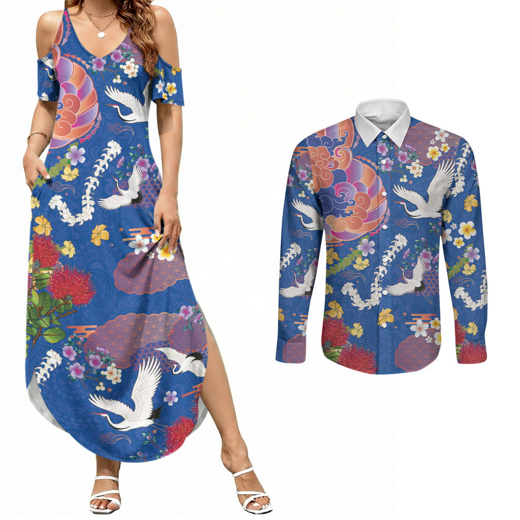 Hawaiian and Japanese Culture Together Couples Matching Summer Maxi Dress and Long Sleeve Button Shirt Kakau Tribal Pattern and Irezumi Art Blue Color LT03 Blue - Polynesian Pride