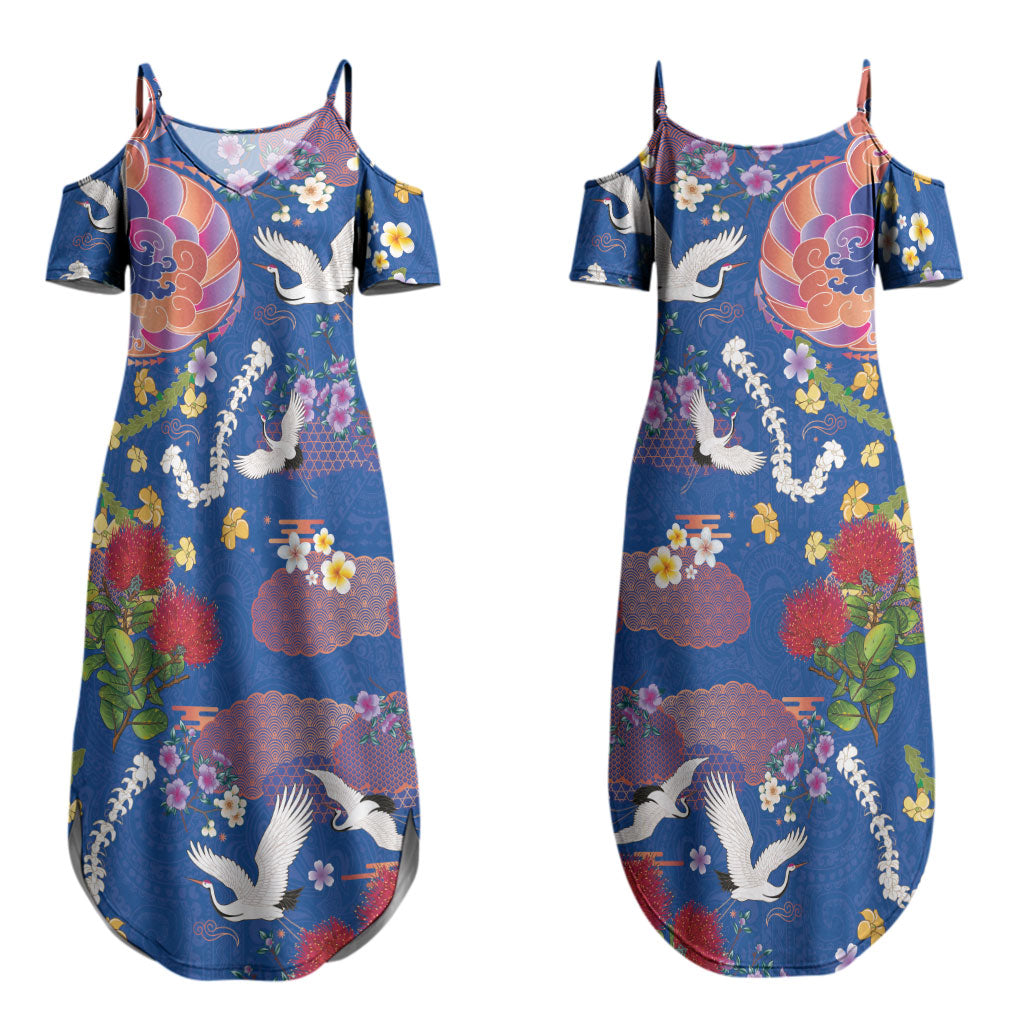 Hawaiian and Japanese Culture Together Couples Matching Summer Maxi Dress and Long Sleeve Button Shirt Kakau Tribal Pattern and Irezumi Art Blue Color