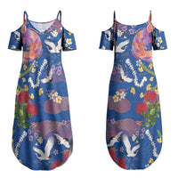 Hawaiian and Japanese Culture Together Couples Matching Summer Maxi Dress and Long Sleeve Button Shirt Kakau Tribal Pattern and Irezumi Art Blue Color