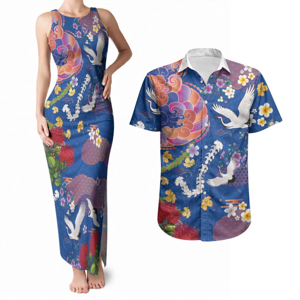 Hawaiian and Japanese Culture Together Couples Matching Tank Maxi Dress and Hawaiian Shirt Kakau Tribal Pattern and Irezumi Art Blue Color