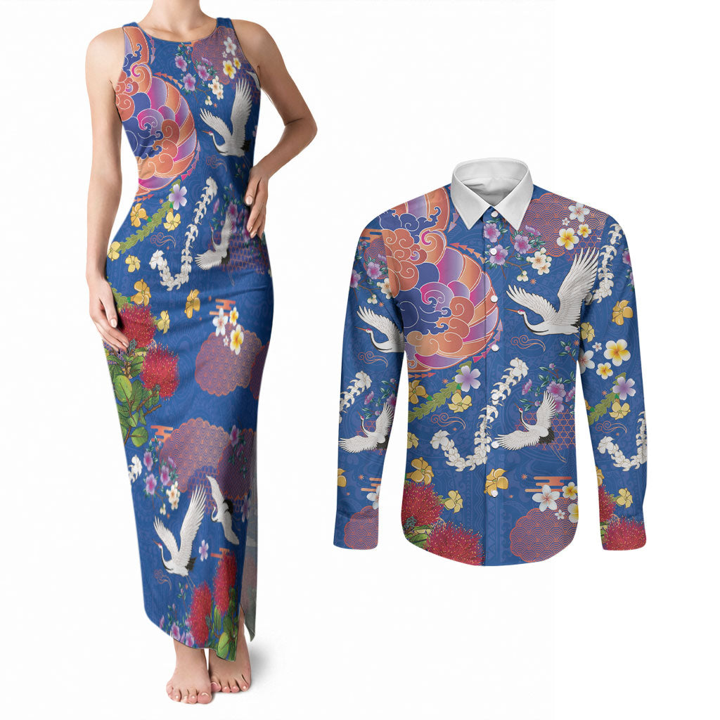 Hawaiian and Japanese Culture Together Couples Matching Tank Maxi Dress and Long Sleeve Button Shirt Kakau Tribal Pattern and Irezumi Art Blue Color