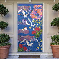 Hawaiian and Japanese Culture Together Door Cover Kakau Tribal Pattern and Irezumi Art Blue Color