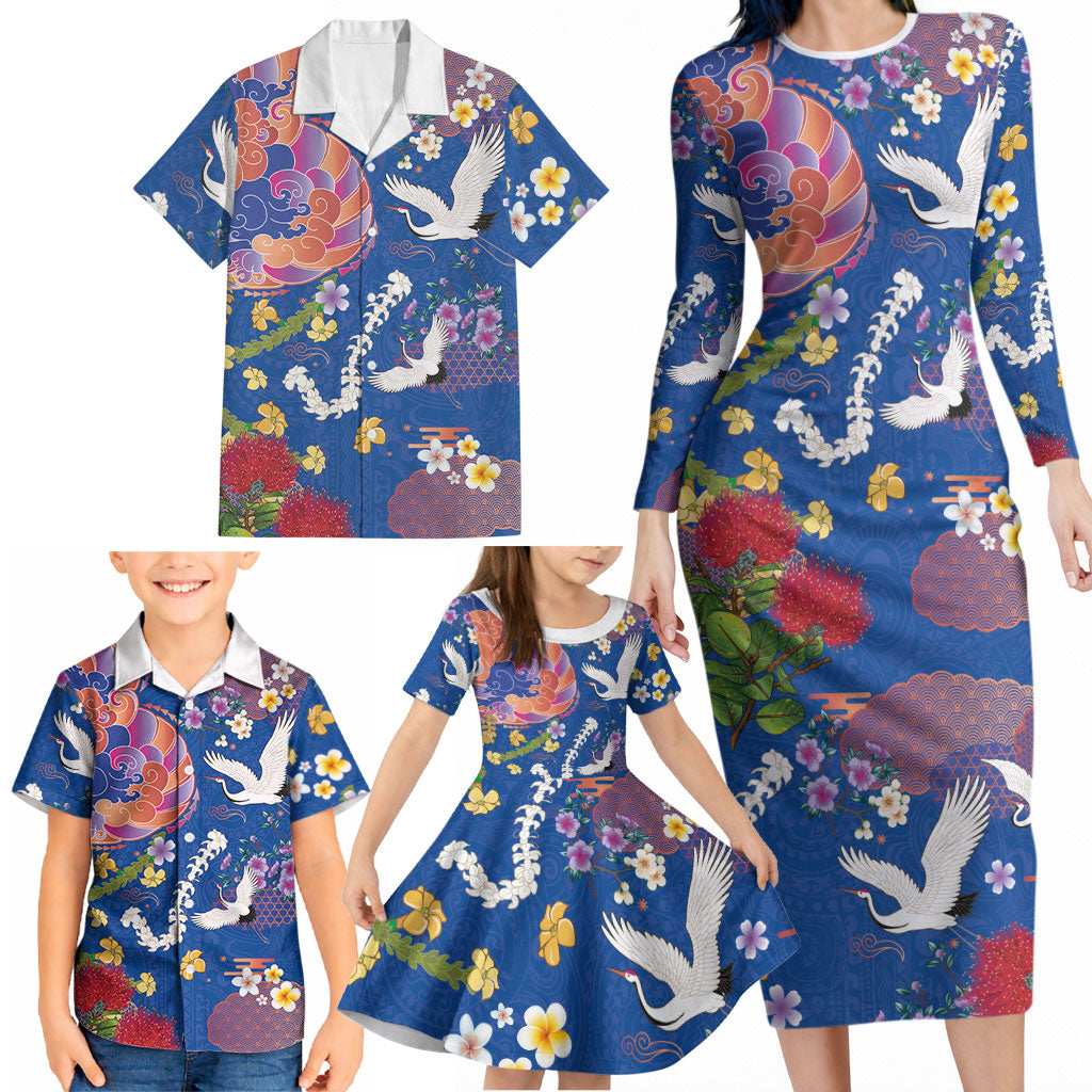 Hawaiian and Japanese Culture Together Family Matching Long Sleeve Bodycon Dress and Hawaiian Shirt Kakau Tribal Pattern and Irezumi Art Blue Color