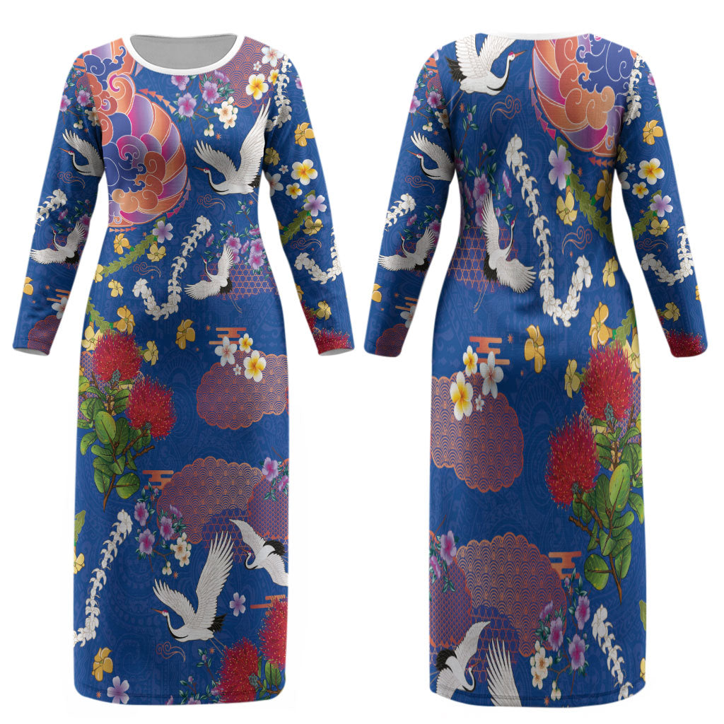 Hawaiian and Japanese Culture Together Family Matching Long Sleeve Bodycon Dress and Hawaiian Shirt Kakau Tribal Pattern and Irezumi Art Blue Color
