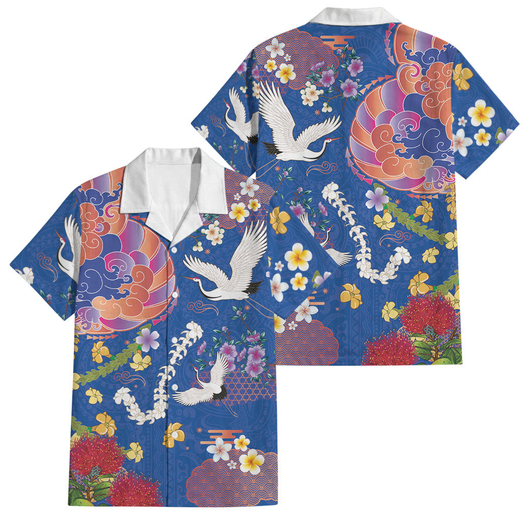 Hawaiian and Japanese Culture Together Family Matching Long Sleeve Bodycon Dress and Hawaiian Shirt Kakau Tribal Pattern and Irezumi Art Blue Color