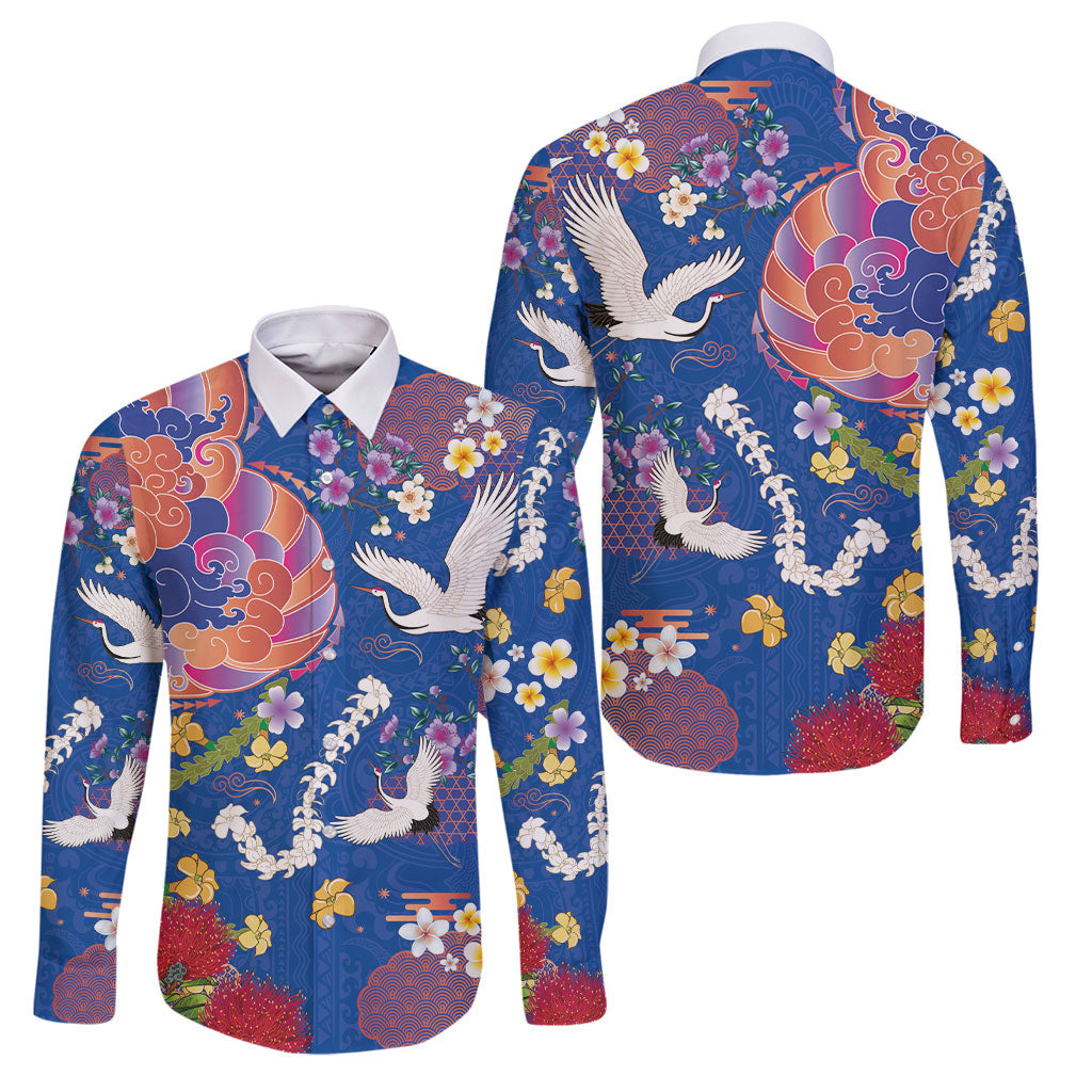 Hawaiian and Japanese Culture Together Family Matching Long Sleeve Bodycon Dress and Hawaiian Shirt Kakau Tribal Pattern and Irezumi Art Blue Color