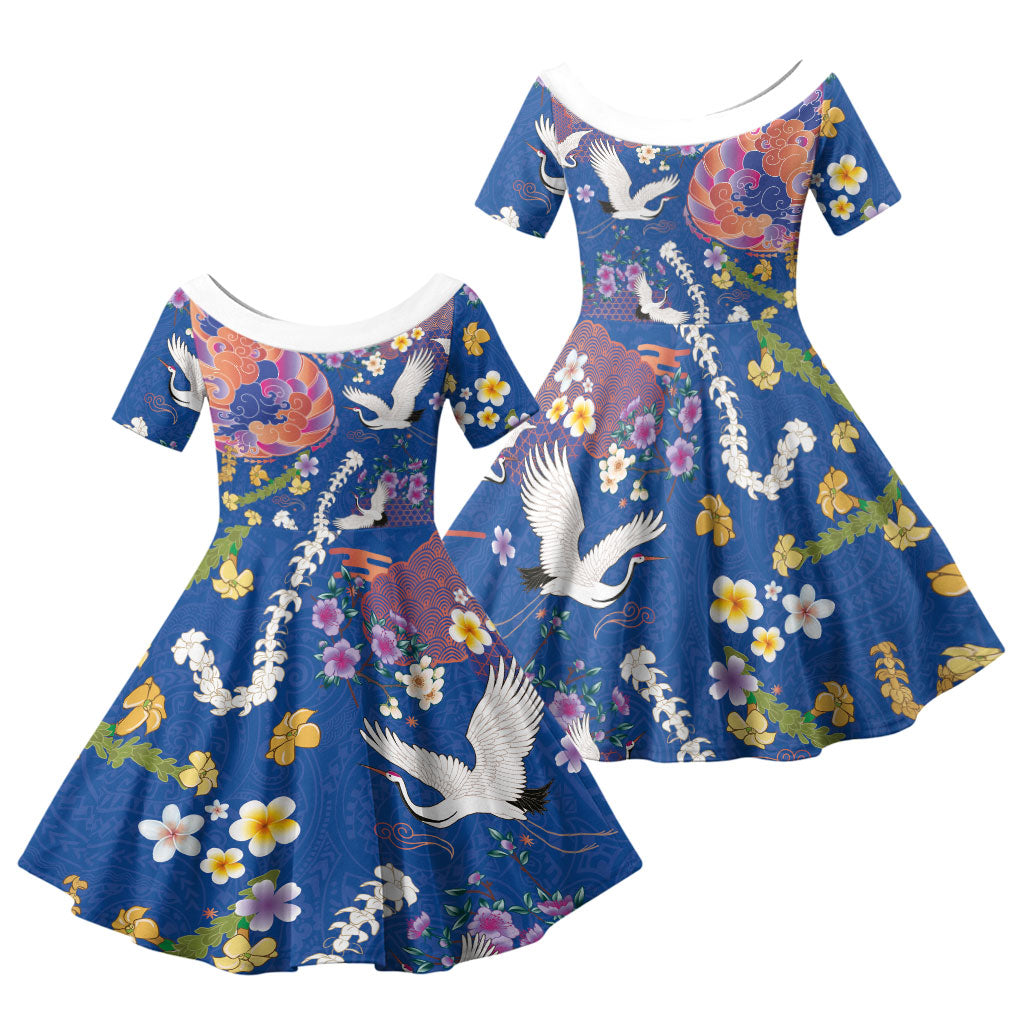 Hawaiian and Japanese Culture Together Family Matching Mermaid Dress and Hawaiian Shirt Kakau Tribal Pattern and Irezumi Art Blue Color