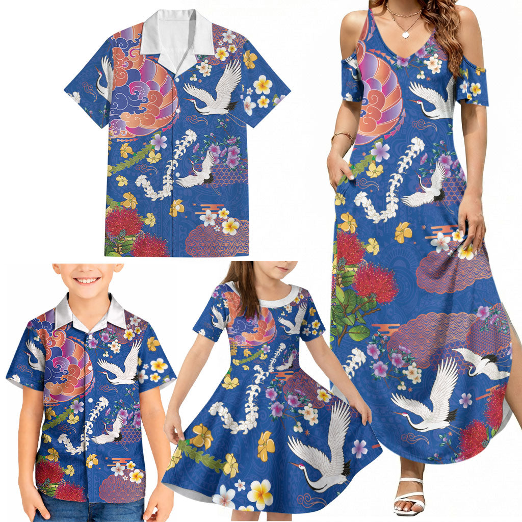 Hawaiian and Japanese Culture Together Family Matching Summer Maxi Dress and Hawaiian Shirt Kakau Tribal Pattern and Irezumi Art Blue Color