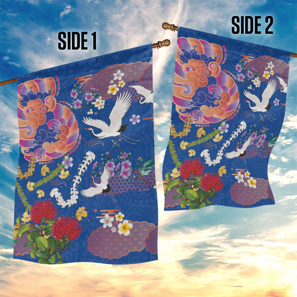 Hawaiian and Japanese Culture Together Garden Flag Kakau Tribal Pattern and Irezumi Art Blue Color