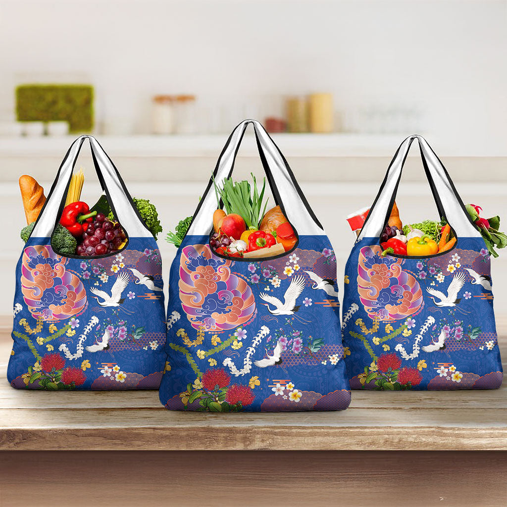 Hawaiian and Japanese Culture Together Grocery Bag Kakau Tribal Pattern and Irezumi Art Blue Color