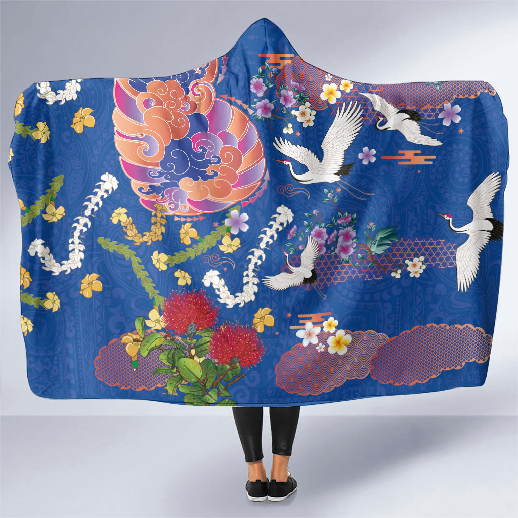 Hawaiian and Japanese Culture Together Hooded Blanket Kakau Tribal Pattern and Irezumi Art Blue Color