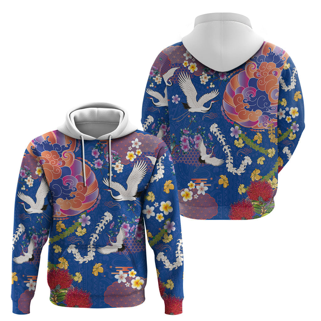 Hawaiian and Japanese Culture Together Hoodie Kakau Tribal Pattern and Irezumi Art Blue Color