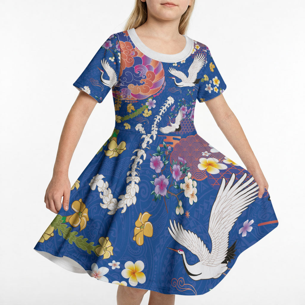 Hawaiian and Japanese Culture Together Kid Short Sleeve Dress Kakau Tribal Pattern and Irezumi Art Blue Color