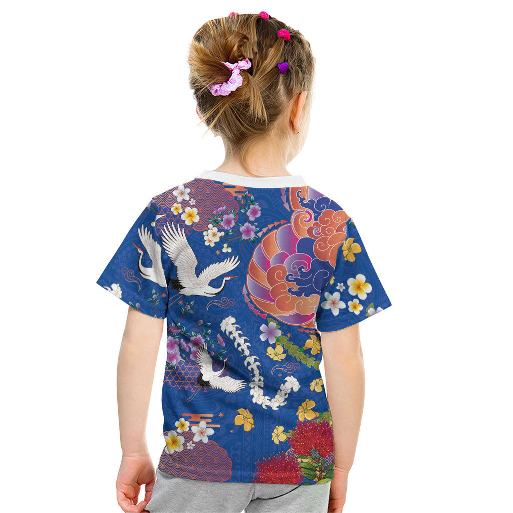 Hawaiian and Japanese Culture Together Kid T Shirt Kakau Tribal Pattern and Irezumi Art Blue Color
