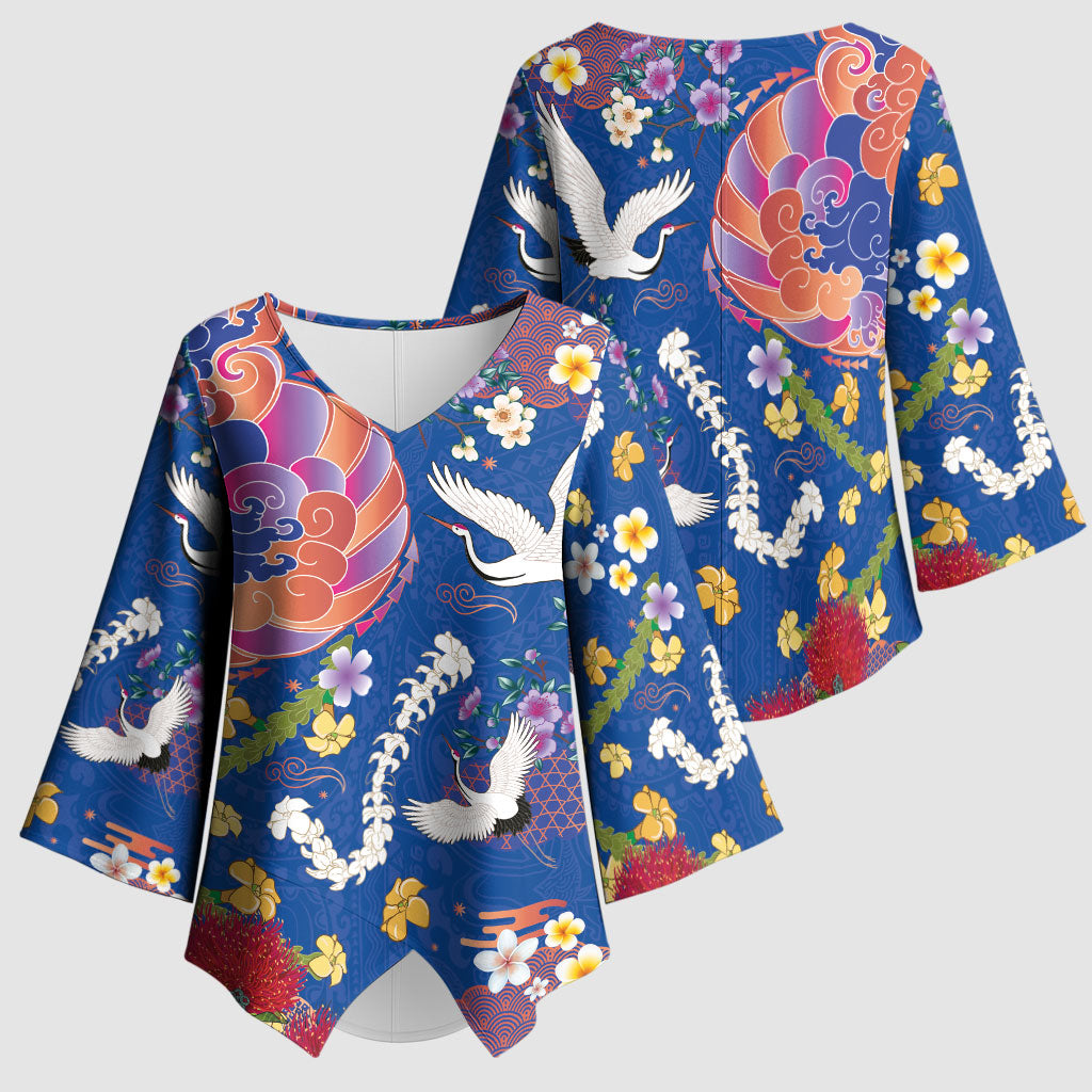 Hawaiian and Japanese Culture Together Kimono Sleeve Blouse Kakau Tribal Pattern and Irezumi Art Blue Color