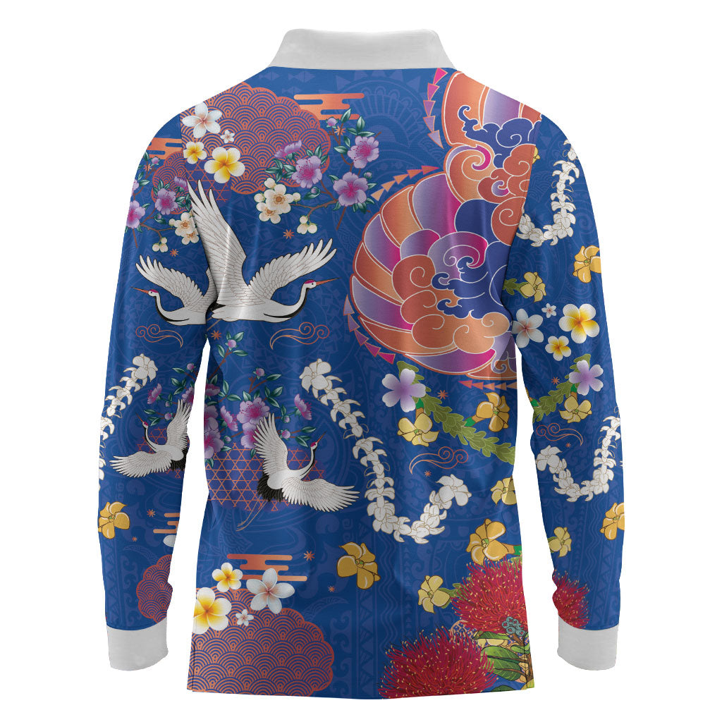 Hawaiian and Japanese Culture Together Long Sleeve Polo Shirt Kakau Tribal Pattern and Irezumi Art Blue Color