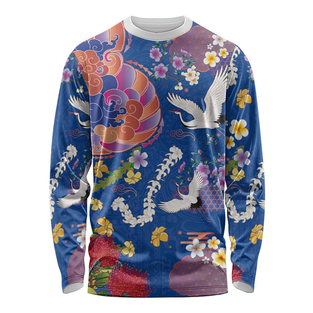 Hawaiian and Japanese Culture Together Long Sleeve Shirt Kakau Tribal Pattern and Irezumi Art Blue Color LT03 Unisex Blue - Polynesian Pride