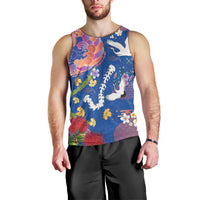 Hawaiian and Japanese Culture Together Men Tank Top Kakau Tribal Pattern and Irezumi Art Blue Color
