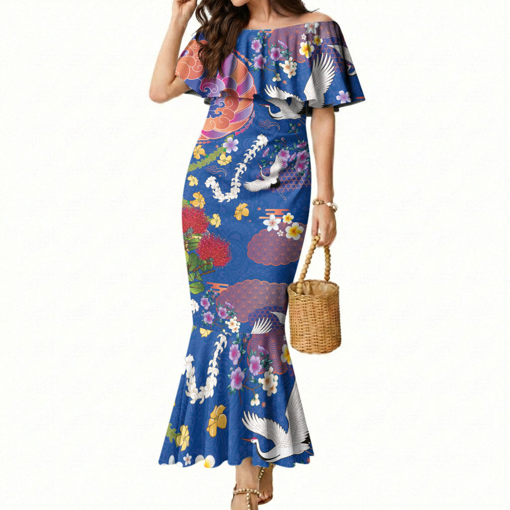 Hawaiian and Japanese Culture Together Mermaid Dress Kakau Tribal Pattern and Irezumi Art Blue Color