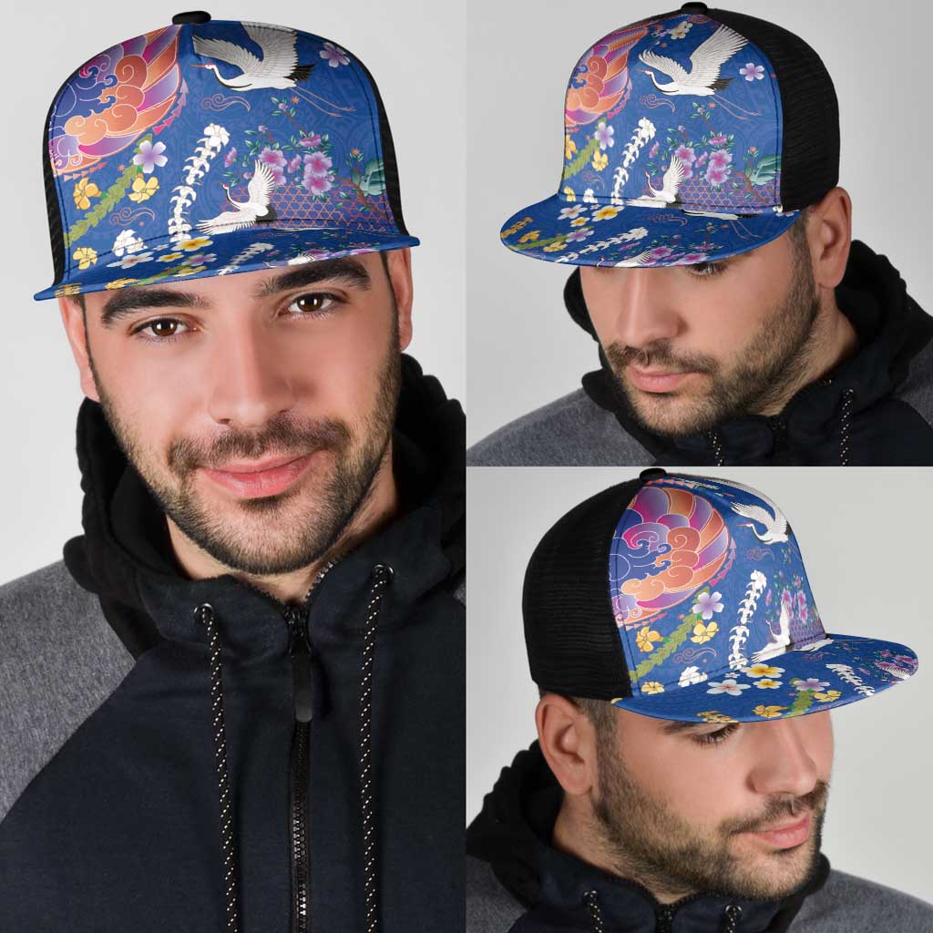 Hawaiian and Japanese Culture Together Mesh Trucker Cap Kakau Tribal Pattern and Irezumi Art Blue Color