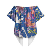 Hawaiian and Japanese Culture Together Off Shoulder Wrap Waist Top Kakau Tribal Pattern and Irezumi Art Blue Color LT03 - Polynesian Pride