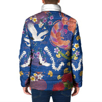 Hawaiian and Japanese Culture Together Padded Jacket Kakau Tribal Pattern and Irezumi Art Blue Color