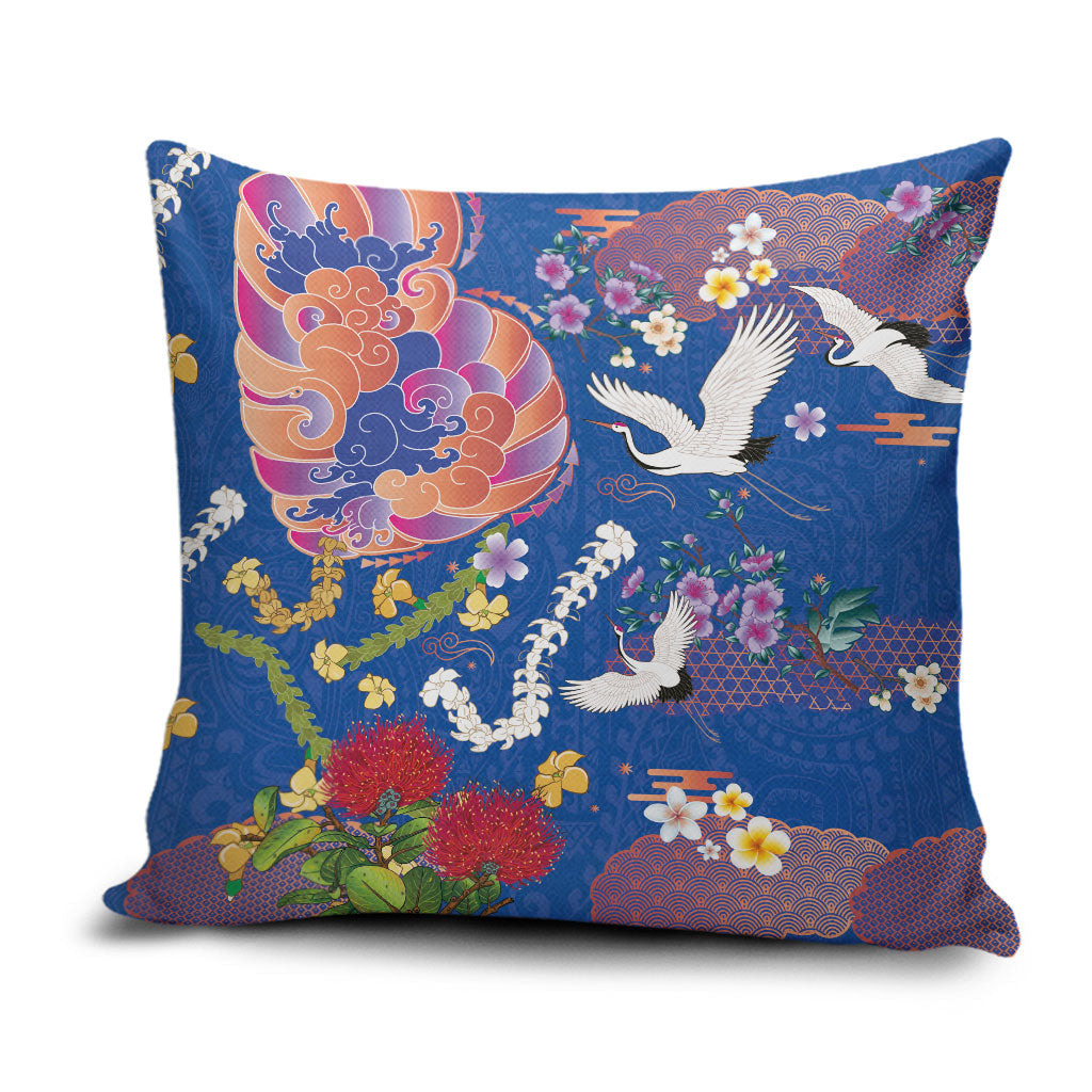 Hawaiian and Japanese Culture Together Pillow Cover Kakau Tribal Pattern and Irezumi Art Blue Color