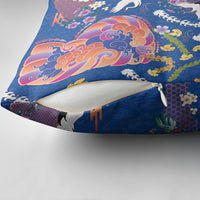 Hawaiian and Japanese Culture Together Pillow Cover Kakau Tribal Pattern and Irezumi Art Blue Color
