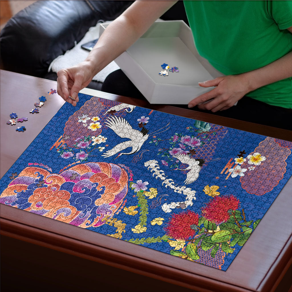 Hawaiian and Japanese Culture Together Puzzle Kakau Tribal Pattern and Irezumi Art Blue Color