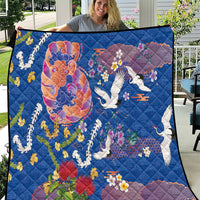 Hawaiian and Japanese Culture Together Quilt Kakau Tribal Pattern and Irezumi Art Blue Color