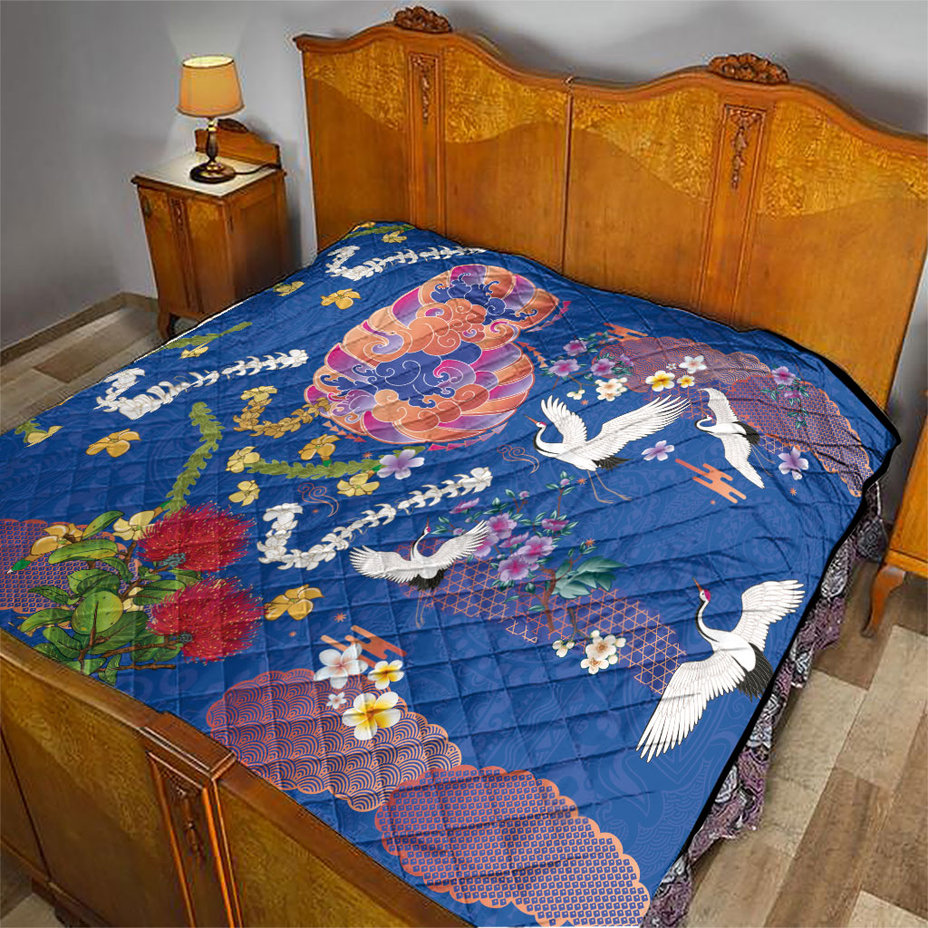 Hawaiian and Japanese Culture Together Quilt Kakau Tribal Pattern and Irezumi Art Blue Color