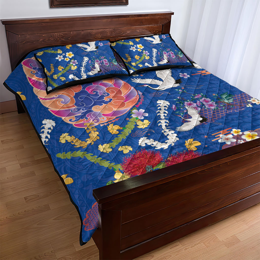 Hawaiian and Japanese Culture Together Quilt Bed Set Kakau Tribal Pattern and Irezumi Art Blue Color