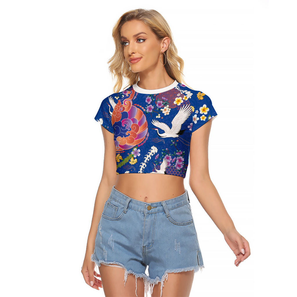 Hawaiian and Japanese Culture Together Raglan Cropped T Shirt Kakau Tribal Pattern and Irezumi Art Blue Color
