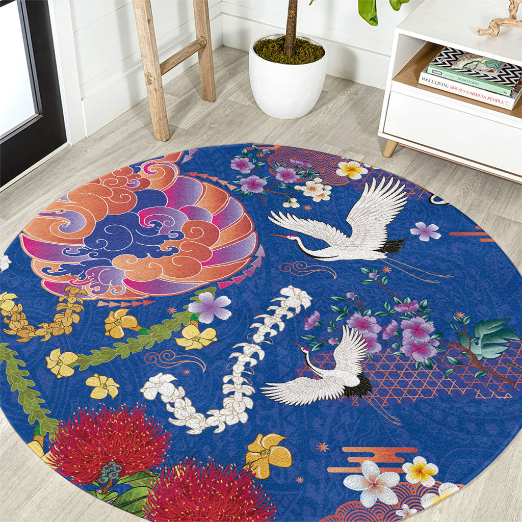 Hawaiian and Japanese Culture Together Round Carpet Kakau Tribal Pattern and Irezumi Art Blue Color