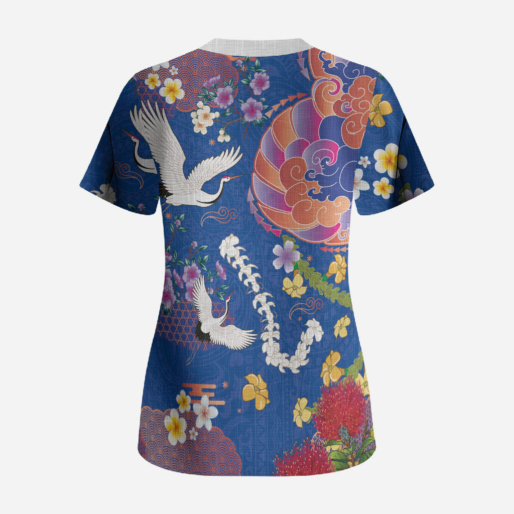 Hawaiian and Japanese Culture Together Scrub Top Kakau Tribal Pattern and Irezumi Art Blue Color
