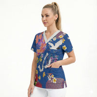 Hawaiian and Japanese Culture Together Scrub Top Kakau Tribal Pattern and Irezumi Art Blue Color